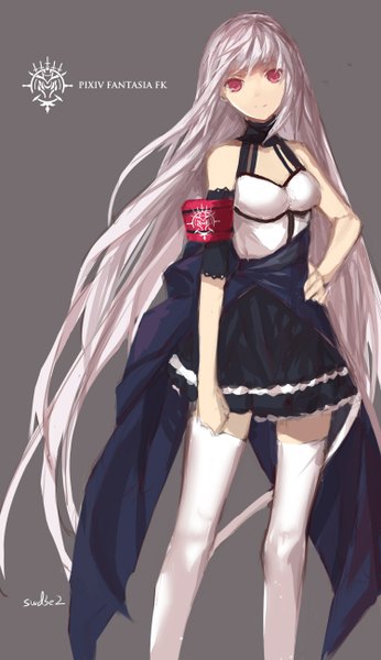 Anime picture 1500x2600 with original pixiv fantasia pixiv fantasia fallen kings swd3e2 single tall image looking at viewer bare shoulders silver hair very long hair pink eyes grey background girl thighhighs dress white thighhighs