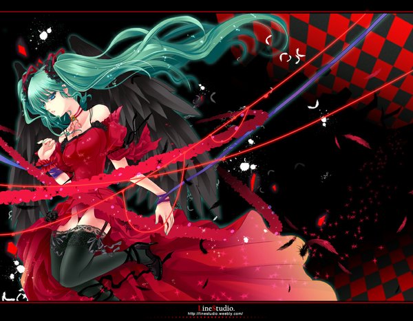 Anime picture 1000x779 with vocaloid hatsune miku linelin single long hair looking at viewer blue eyes twintails bare shoulders aqua hair pantyshot checkered background girl thighhighs dress black thighhighs wings frills feather (feathers)