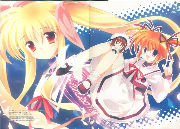 Anime picture 5591x4032 with mahou shoujo lyrical nanoha fate testarossa takamachi nanoha yagami hayate looking at viewer fringe highres open mouth blonde hair hair between eyes red eyes purple eyes multiple girls :d scan orange hair crease girl ribbon (ribbons) hair ribbon