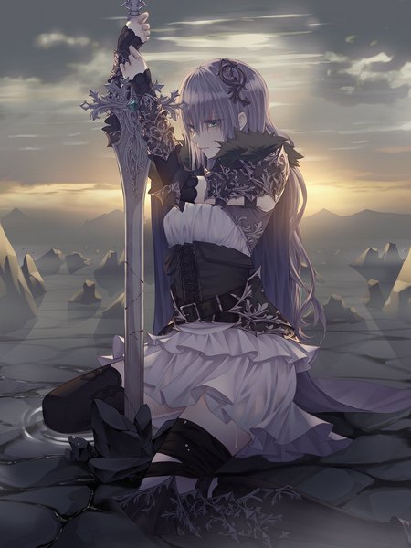 Anime picture 1500x2000 with original cecil86 single long hair tall image blush fringe blue eyes sitting looking away cloud (clouds) outdoors grey hair sweat fur trim wariza serious underbust hair over eyes asymmetrical legwear