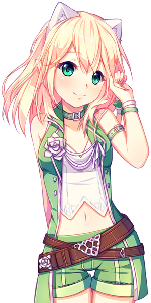 Anime picture 479x960 with original hyanna-natsu single long hair tall image looking at viewer blush fringe blonde hair smile hair between eyes bare shoulders green eyes animal ears payot head tilt pointy ears cat ears open clothes bare belly