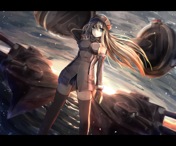 Anime picture 1447x1200 with kantai collection bismarck battleship shirotaso0818 single long hair looking at viewer blue eyes blonde hair sky cloud (clouds) girl thighhighs gloves weapon elbow gloves sea peaked cap