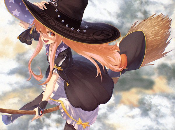 Anime picture 972x724 with atelier (series) atelier escha & logy gust (company) wilbell voll=erslied ibuki notsu single long hair looking at viewer fringe open mouth red eyes sitting sky cloud (clouds) hair over one eye orange hair happy hand on head flying witch