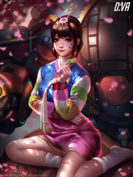 Anime picture 750x1000 with overwatch blizzard entertainment d.va (overwatch) meka (overwatch) palanquin d.va liang xing single tall image looking at viewer fringe short hair light erotic brown hair holding brown eyes signed bent knee (knees) arm up light smile lips