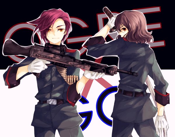 Anime picture 1200x940 with inazuma eleven go shindou takuto minamisawa atsushi fringe short hair red eyes brown hair red hair profile hair over one eye inscription multiple boys boy gloves uniform gun 2 boys military uniform assault rifle