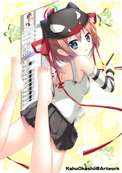 Anime picture 1000x1414 with original kaho okashii single tall image short hair open mouth blue eyes smile brown hair pleated skirt looking back legs on stomach recursion girl ribbon (ribbons) hair ribbon detached sleeves cap pen