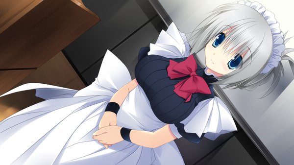 Anime picture 1280x720 with yumeiro alouette! blush short hair blue eyes wide image game cg silver hair maid girl headdress maid headdress