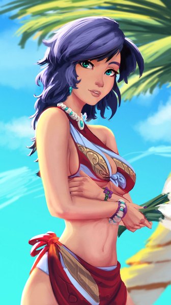 Anime picture 600x1069 with carlos eduardo single long hair tall image looking at viewer breasts blue eyes standing green eyes sky purple hair cloud (clouds) lips bare belly sleeveless heterochromia eyebrows girl navel swimsuit