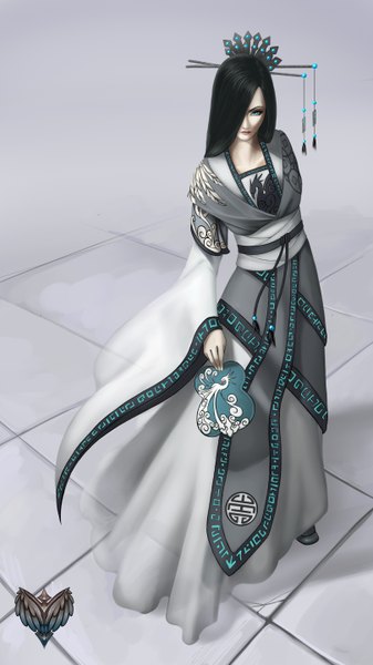 Anime picture 3240x5760 with forgotten-wings single long hair tall image looking at viewer fringe highres blue eyes black hair absurdres hair over one eye chinese clothes girl hair ornament chinese dress hairpin (hairpins)