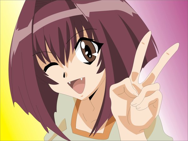 Anime picture 1600x1200 with karin j.c. staff maaka karin single looking at viewer short hair open mouth smile brown eyes purple hair one eye closed wink teeth fang (fangs) victory vector girl