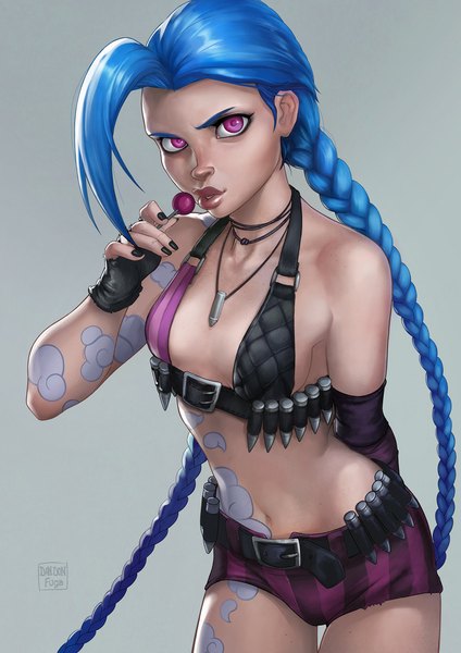 Anime picture 750x1061 with league of legends jinx (league of legends) dandon fuga single tall image light erotic blue hair very long hair pink eyes lips realistic bare belly midriff tattoo girl gloves navel food shorts belt
