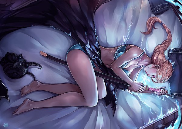 Anime picture 849x600 with frozen (disney) the elder scrolls the elder scrolls v: skyrim disney elsa (frozen) kachima single long hair light erotic blonde hair bare shoulders bent knee (knees) lying braid (braids) eyes closed barefoot horn (horns) from above bare legs bare belly