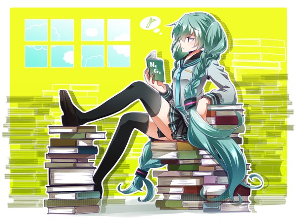 Anime picture 1280x960 with vocaloid hatsune miku tsujiori single long hair twintails braid (braids) aqua eyes aqua hair zettai ryouiki legs girl thighhighs uniform black thighhighs school uniform book (books)