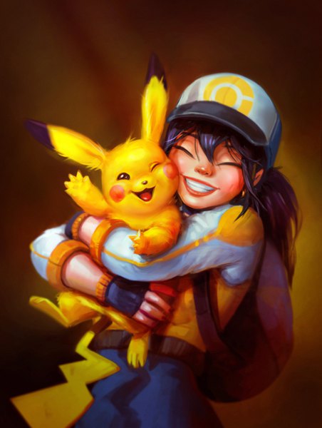 Anime picture 1356x1800 with pokemon pokemon (game) pokemon go nintendo pikachu female protagonist (pokemon go) katya art (myafka) single long hair tall image blush fringe smile hair between eyes blue hair purple hair eyes closed long sleeves one eye closed teeth