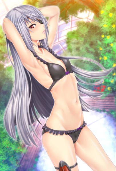 Anime picture 1698x2500 with infinite stratos 8bit laura bodewig zucchini single long hair tall image looking at viewer blush fringe light erotic red eyes bare shoulders silver hair profile lips bare belly bare legs armpit (armpits) underwear only