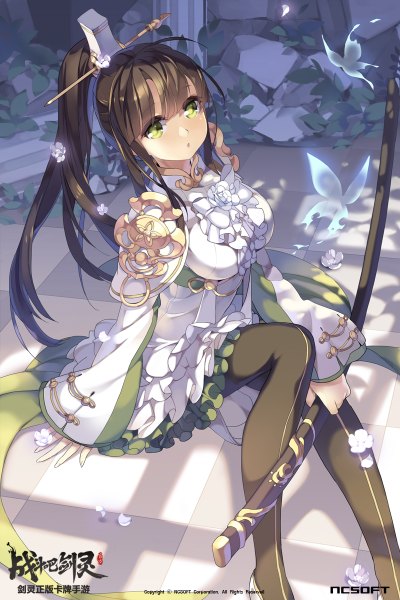 Anime picture 800x1200 with blade & soul btoor single long hair tall image looking at viewer brown hair green eyes ponytail girl dress hair ornament weapon sword katana insect butterfly