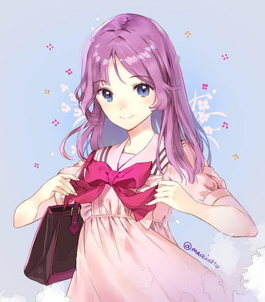 Anime picture 800x913 with original macciatto (aciel02) single long hair tall image looking at viewer blue eyes smile signed purple hair upper body twitter username purple background sailor collar girl bow bag shoulder bag sailor dress