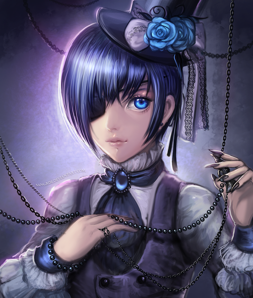 Anime picture 1610x1893 with kuroshitsuji a-1 pictures ciel phantomhive sangrde single tall image short hair blue eyes blue hair looking away boy headdress eyepatch claws