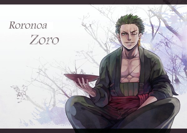 Anime picture 2500x1778 with one piece toei animation roronoa zoro teebohne single highres short hair smile sitting green eyes traditional clothes green hair inscription letterboxed scar boy plant (plants) earrings tree (trees) cup