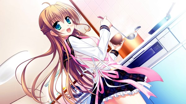 Anime picture 2560x1440 with magical marriage lunatics!! yamakaze ran long hair blush highres open mouth blue eyes brown hair wide image game cg dutch angle half updo cooking girl skirt apron kitchen ladle frying pan faucet