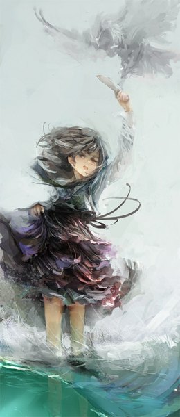 Anime picture 434x1000 with original relax (artist) single tall image short hair open mouth black hair brown eyes wind girl dress animal water bird (birds)