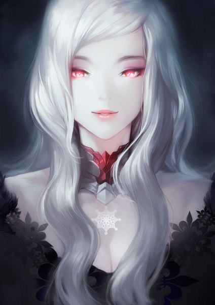 Anime picture 1131x1600 with original asuka111 single long hair tall image looking at viewer fringe bare shoulders cleavage white hair parted lips pink eyes lips lipstick portrait dark background eyeshadow pink lipstick revision makeup