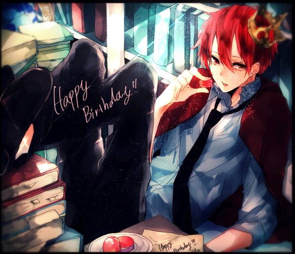 Anime picture 1391x1200 with kuroko no basket production i.g akashi seijuurou supaner single looking at viewer short hair red eyes red hair indoors from above eating reclining happy birthday boy uniform school uniform necktie book (books) crown