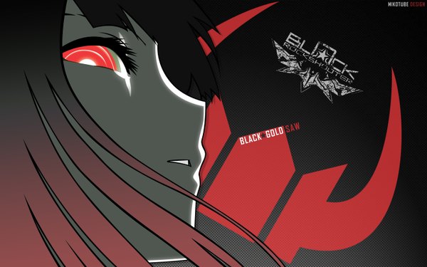 Anime picture 1440x900 with black rock shooter black gold saw single long hair open mouth black hair red eyes wide image red hair profile multicolored hair horn (horns) two-tone hair text dark background demon girl