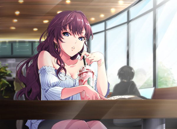 Anime picture 2000x1455 with idolmaster idolmaster cinderella girls ichinose shiki null (chronix) long hair looking at viewer fringe highres blue eyes hair between eyes sitting bare shoulders payot purple hair indoors parted lips shadow depth of field puffy sleeves lipstick