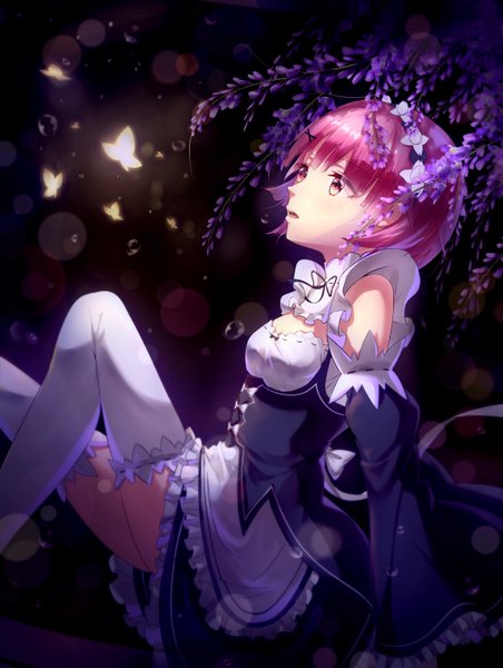 Anime picture 2160x2864 with re:zero kara hajimeru isekai seikatsu white fox ram (re:zero) luo qingyu single tall image blush fringe highres short hair open mouth simple background hair between eyes bare shoulders pink hair bent knee (knees) profile pink eyes wide sleeves maid