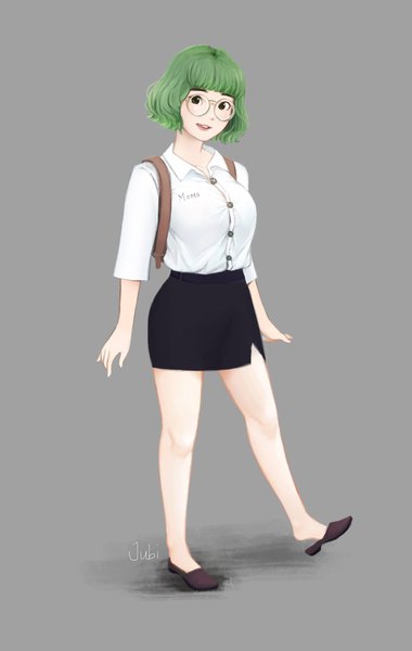 Anime picture 1299x2048 with original momo (jubi) jubi (regiana) single tall image looking at viewer fringe short hair breasts open mouth simple background large breasts standing green eyes signed full body blunt bangs green hair realistic grey background