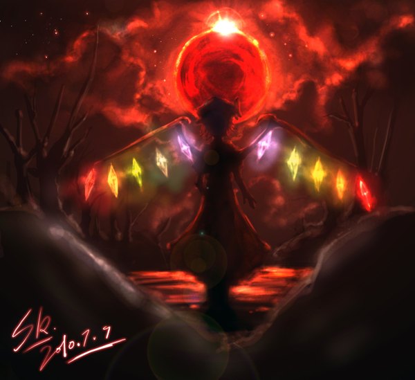 Anime picture 1344x1231 with touhou flandre scarlet stocking knife single short hair standing sky cloud (clouds) glowing dark background bare tree red moon girl dress plant (plants) wings tree (trees) moon bonnet full moon