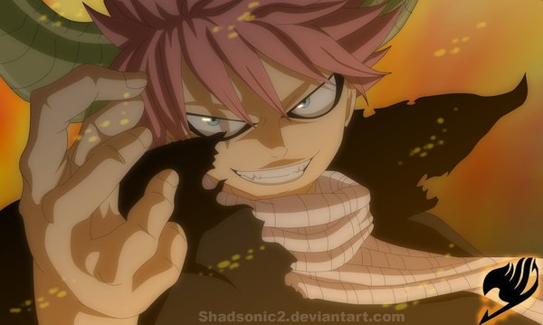 Anime picture 1800x1077 with fairy tail natsu dragneel shadsonic2 single highres short hair blue eyes simple background smile wide image pink hair horn (horns) grin coloring boy choker scarf