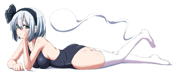 Anime picture 4379x1949 with touhou konpaku youmu nori tamago single looking at viewer blush highres short hair breasts blue eyes light erotic simple background wide image white background blue hair full body ghost girl thighhighs swimsuit