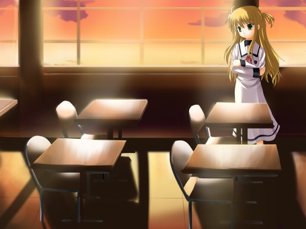 Anime picture 1280x960 with mahou shoujo lyrical nanoha takamachi vivio odayan single long hair blonde hair standing green eyes looking away indoors two side up evening sunset crossed arms classroom girl dress chair desk