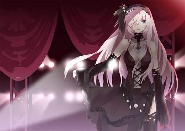 Anime picture 1132x800 with vocaloid megurine luka long hair fringe blue eyes pink hair hair over one eye girl dress detached sleeves