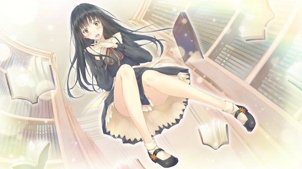 Anime picture 1280x720 with flowers (innocent grey) innocent grey shirahane suou single long hair looking at viewer blush open mouth black hair wide image brown eyes game cg girl dress uniform school uniform shoes book (books)