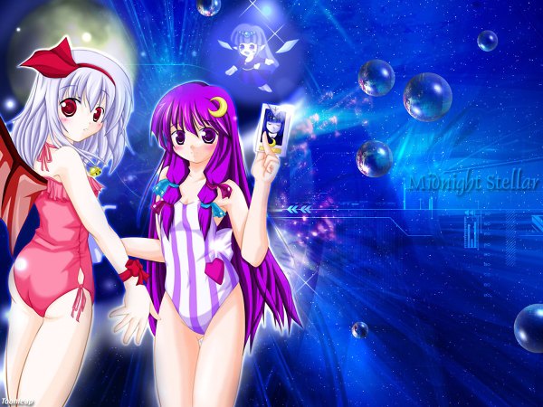 Anime picture 1200x900 with long hair looking at viewer short hair red eyes purple eyes multiple girls silver hair purple hair girl 2 girls swimsuit wings