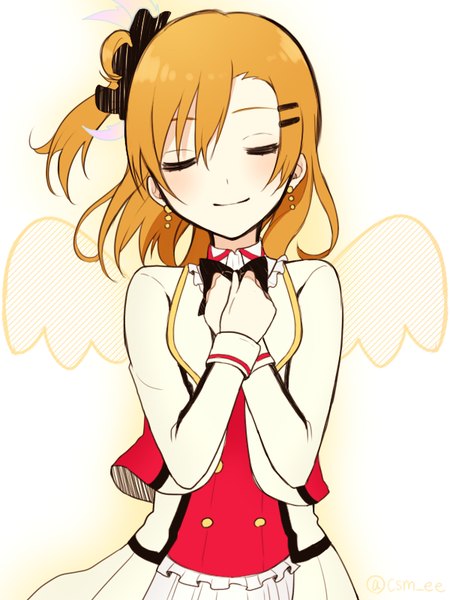 Anime picture 600x800 with love live! school idol project sunrise (studio) love live! kousaka honoka chisumi single tall image short hair smile white background eyes closed orange hair one side up happy fake wings girl hair ornament earrings wings bobby pin