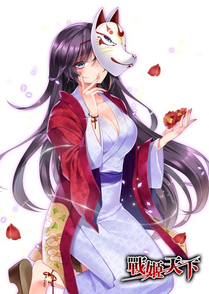 Anime picture 640x900 with zhan ji tian xia mvv single long hair tall image looking at viewer blue eyes simple background white background purple hair traditional clothes japanese clothes mask on head girl flower (flowers) petals kimono bell mask fox mask