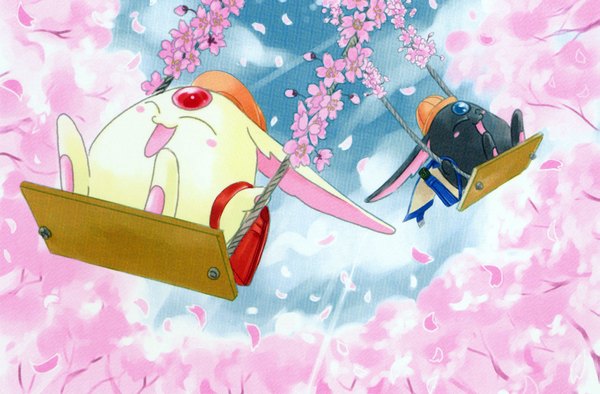 Anime picture 1823x1200 with clamp mokona mokona-modoki tagme (artist) highres sitting sky cloud (clouds) eyes closed couple cherry blossoms happy no people spring flower (flowers) plant (plants) hat tree (trees) bag swing