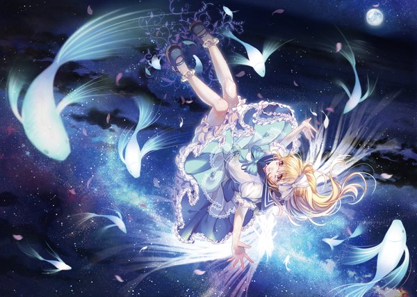 Anime picture 1500x1069 with original philomelalilium single long hair blonde hair red eyes space girl dress bow hair bow petals wings socks frills white socks fish (fishes) planet