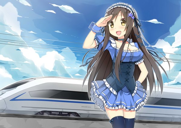 Anime picture 1400x990 with original sky-freedom single long hair blush open mouth black hair yellow eyes cloud (clouds) girl thighhighs dress black thighhighs hairband train