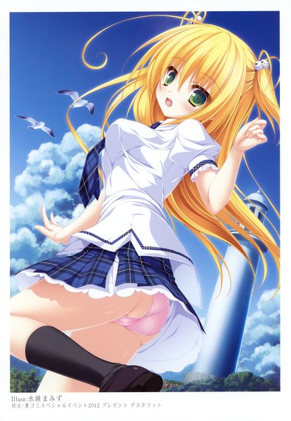 Anime picture 2406x3475 with original mikagami mamizu single long hair tall image blush highres open mouth light erotic blonde hair green eyes sky cloud (clouds) ass scan girl skirt uniform underwear panties