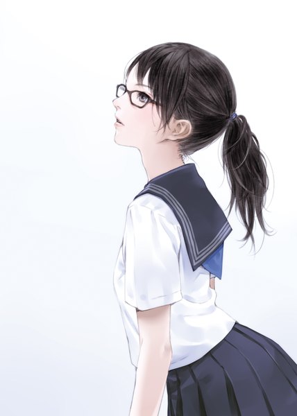 Anime picture 2976x4175 with original kishida mel single long hair tall image highres black hair simple background white background ponytail profile black eyes girl glasses serafuku