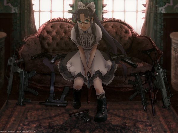 Anime picture 1600x1200 with skimlines wallpaper lolita fashion glasses gun