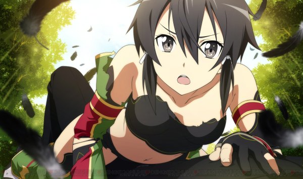 Anime picture 1280x761 with sword art online a-1 pictures kirigaya kazuto asada shino looking at viewer short hair open mouth black hair wide image sky black eyes gloves navel plant (plants) tree (trees) elbow gloves feather (feathers)