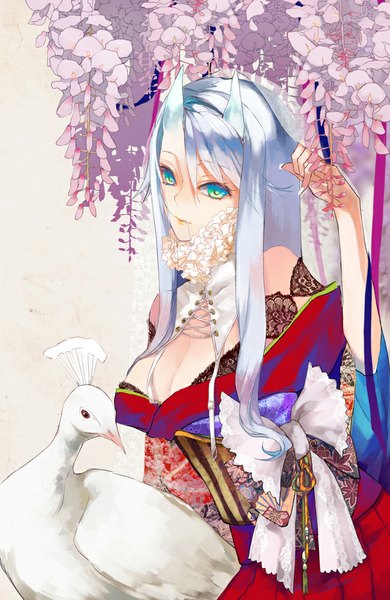 Anime picture 650x1000 with original nenene single long hair tall image fringe simple background bare shoulders cleavage traditional clothes horn (horns) grey hair oni horns multicolored eyes hair in mouth girl flower (flowers) bow ribbon (ribbons) animal