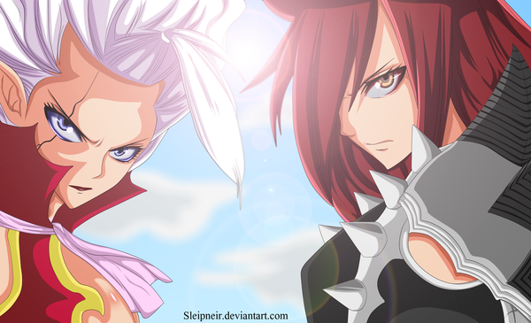 Anime picture 2406x1464 with fairy tail erza scarlet mirajane strauss sleipneir long hair fringe highres wide image purple eyes multiple girls brown eyes sky cloud (clouds) white hair red hair sunlight hair over one eye coloring scar girl