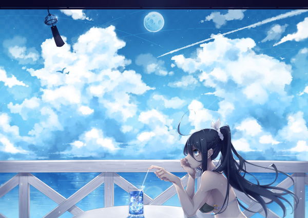 Anime picture 2048x1448 with original cccclaw single long hair fringe highres blue eyes light erotic black hair sitting bare shoulders sky cloud (clouds) ponytail profile chin rest girl water sea moon